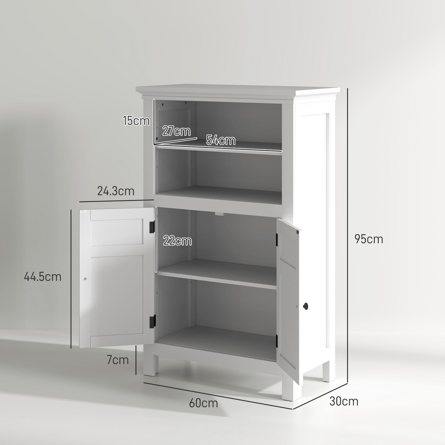 Modern white HOMCOM multi-storage bathroom cabinet with five compartments and sleek design, suitable for organized bathroom spaces.