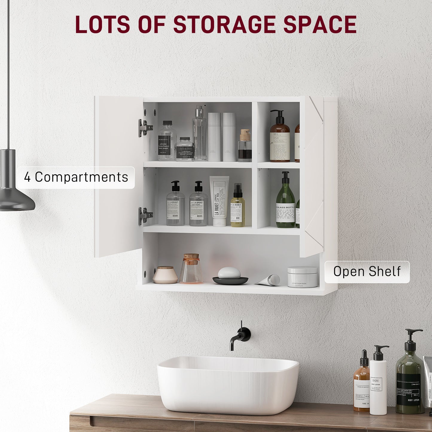 White Kleankin wall-mounted bathroom storage cupboard by HOMCOM with five compartments for organized bathroom essentials.