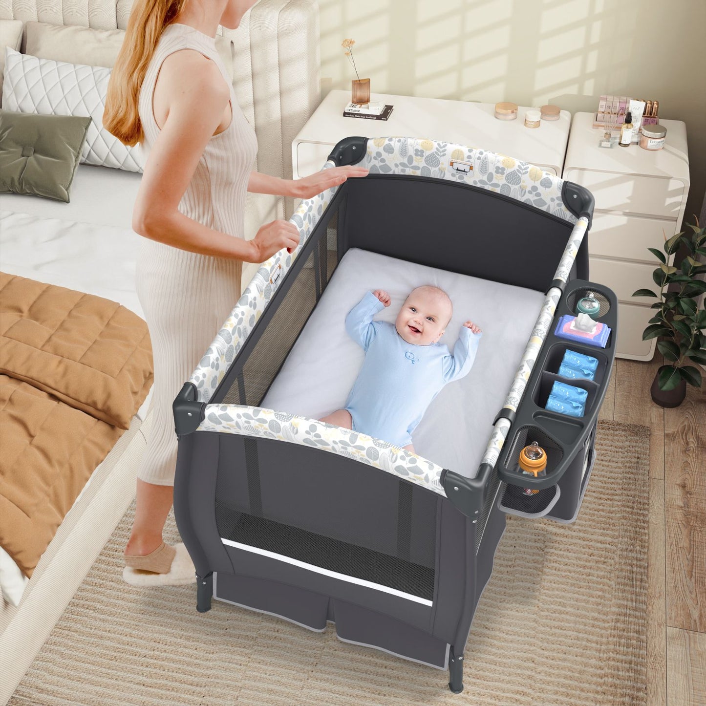 5 in 1 Portable Pack and Play with Bassinet and Mattress