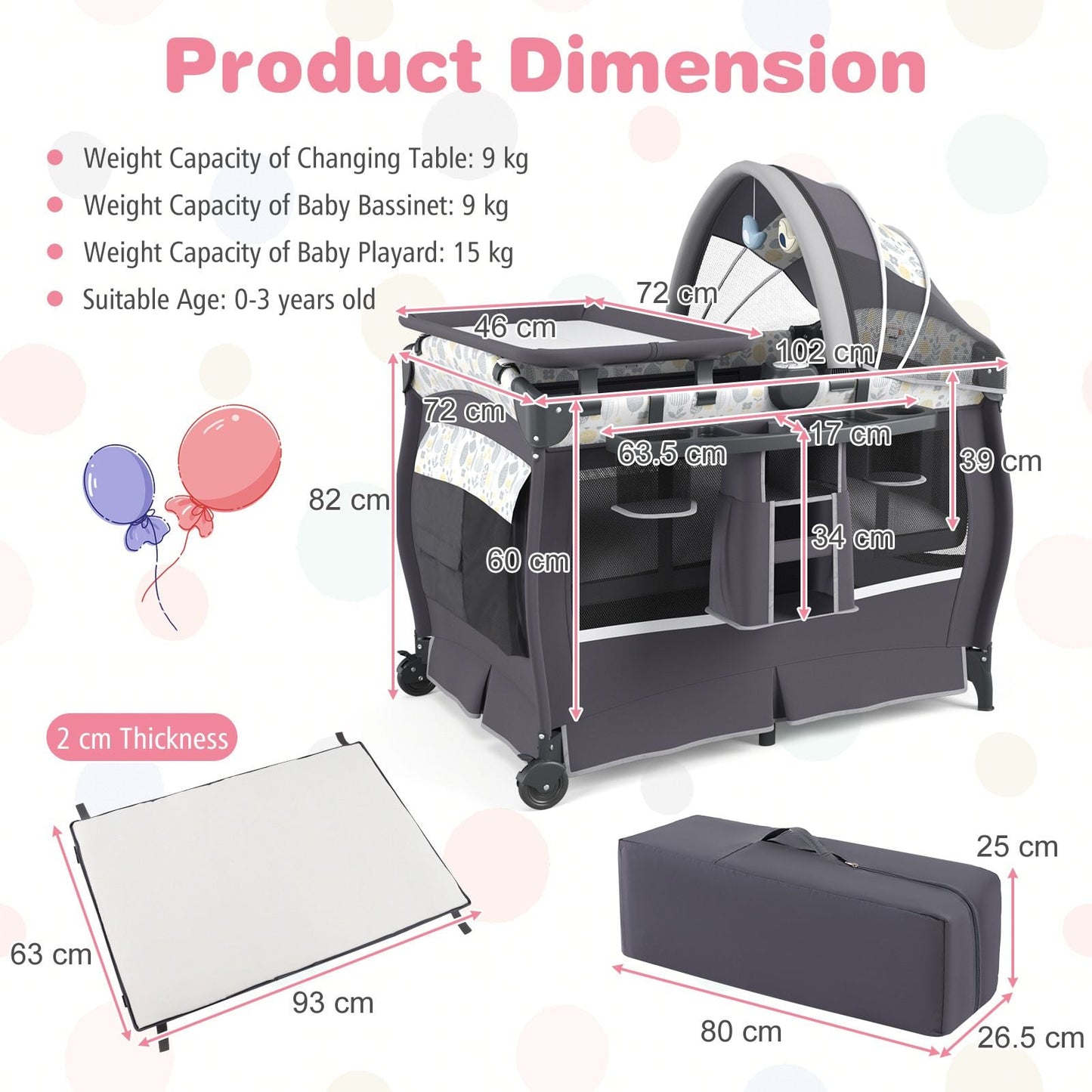 5 in 1 Portable Pack and Play with Bassinet and Mattress