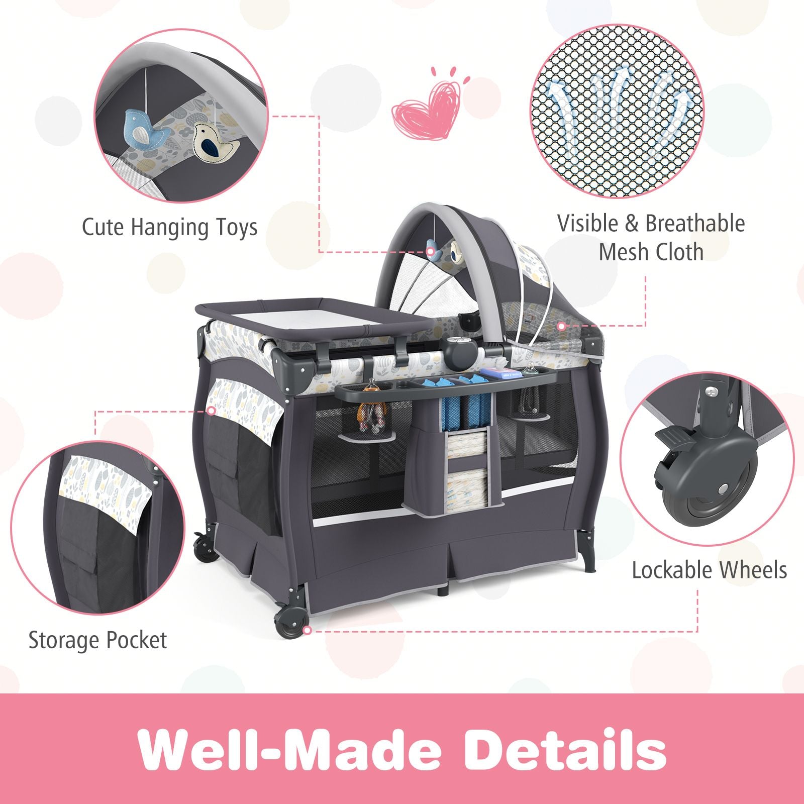5 in 1 Portable Pack and Play with Bassinet and Mattress