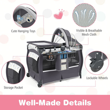 5 in 1 Portable Pack and Play with Bassinet and Mattress