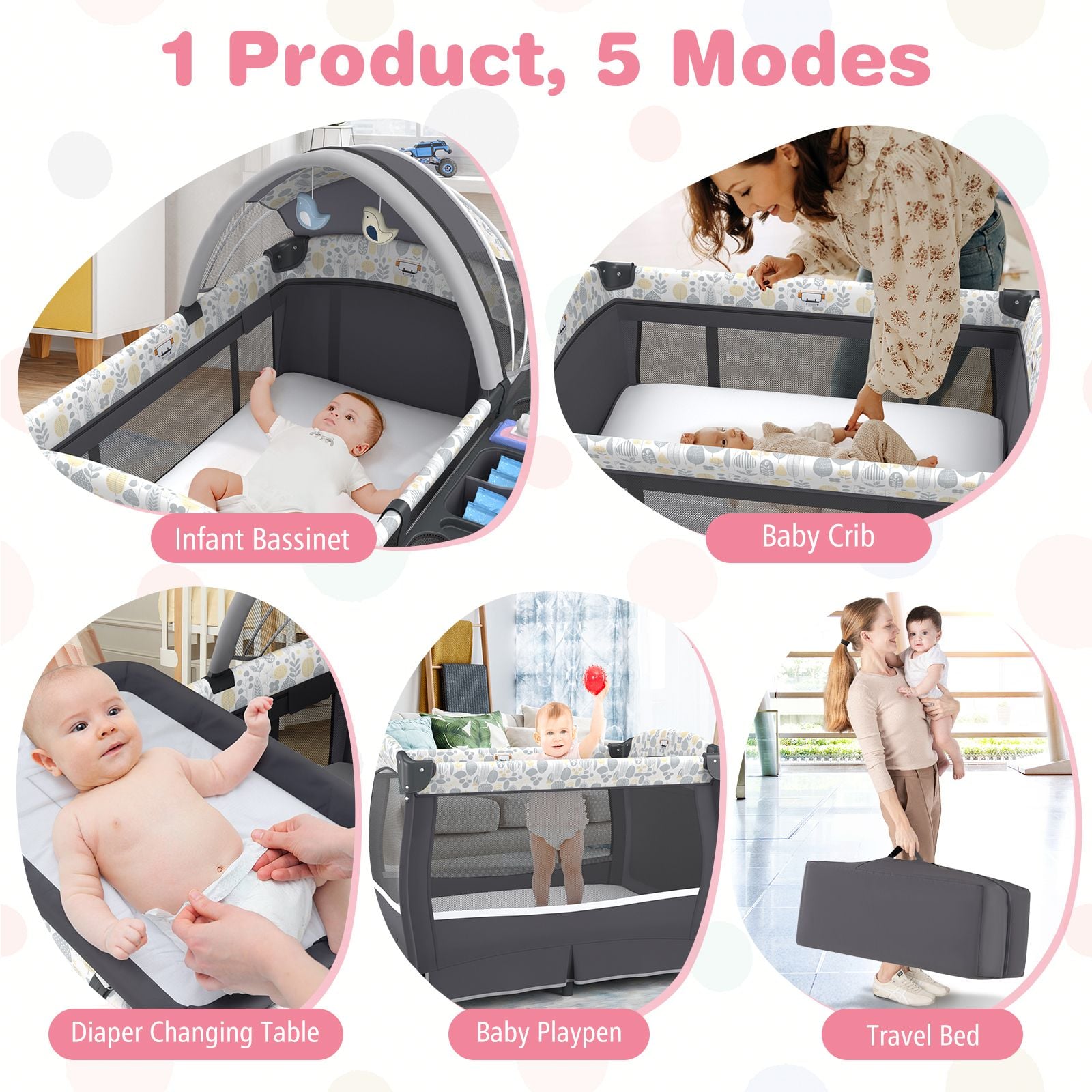 5 in 1 Portable Pack and Play with Bassinet and Mattress