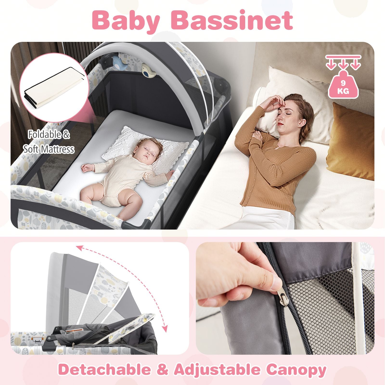 5 in 1 Portable Pack and Play with Bassinet and Mattress