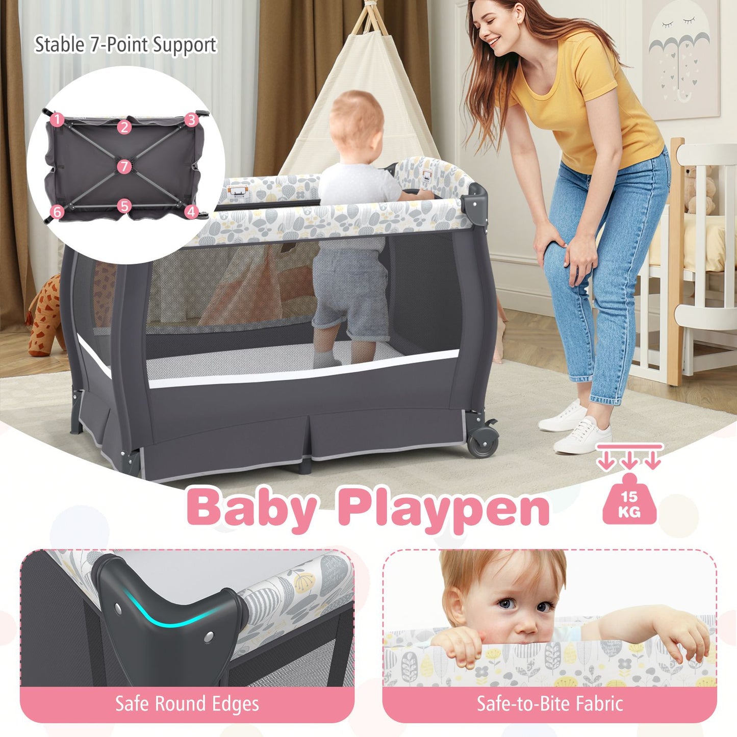 5 in 1 Portable Pack and Play with Bassinet and Mattress