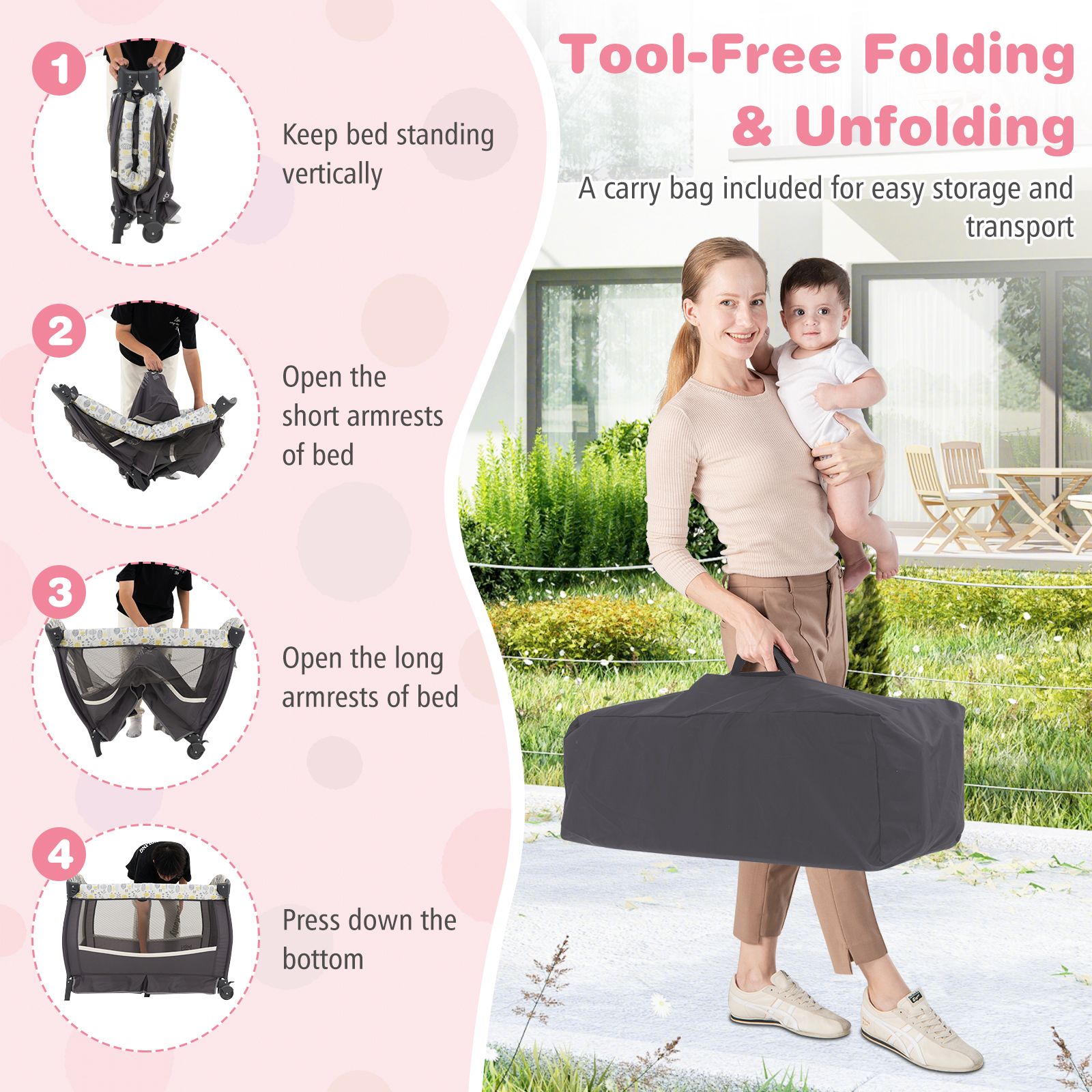 5 in 1 Portable Pack and Play with Bassinet and Mattress