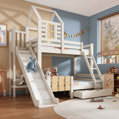Kids Wooden Cabin Bunk Bed with Ladder & Slide – White Treehouse Design
