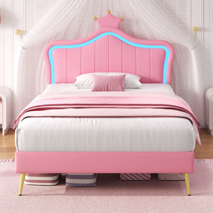 HOMCOM 3ft single upholstered bed with LED crown-shaped headboard, PU leather frame, solid wood slats, easy to assemble.