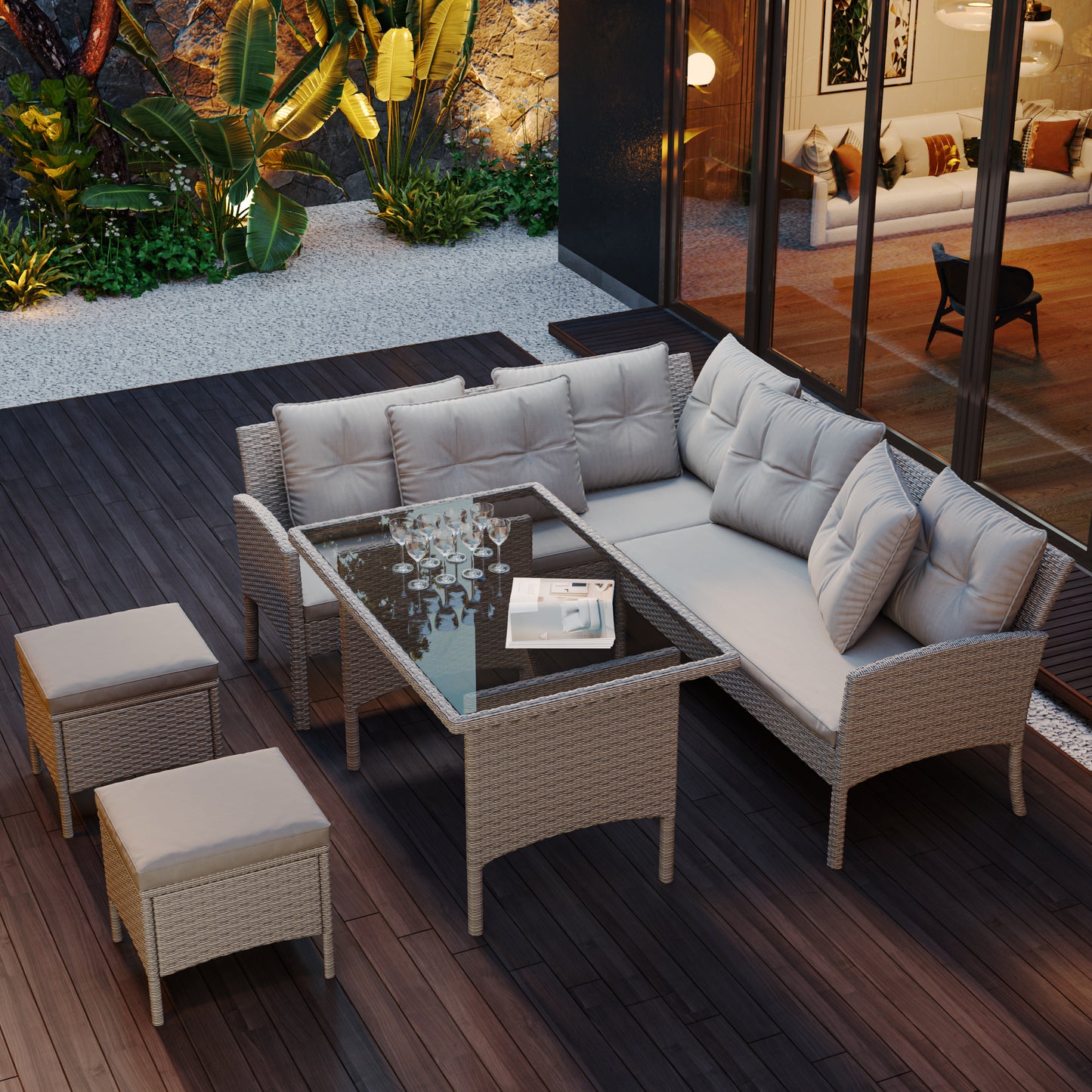 HOMCOM garden corner sofa set with light grey cushions, rattan patio furniture, table and stools, 6-7 seater outdoor lounge.