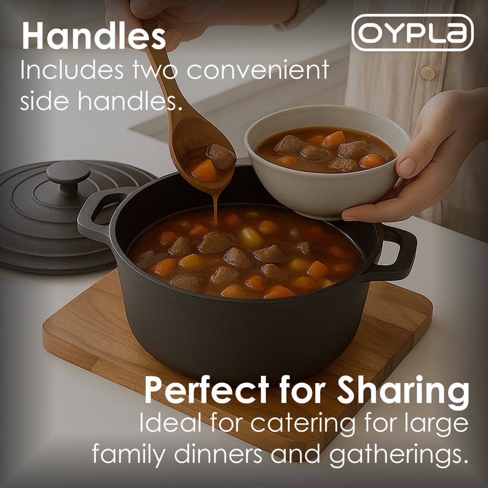 Livoshop 4L cast iron non-stick casserole dish with lid, showcasing the sturdy black cookware with a handle and lid on a stovetop.