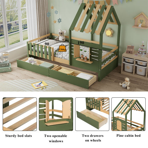 Kids Wooden Bed with Roof & Window Design – Green & Natural with Storage Drawers