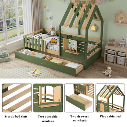Kids Wooden Bed with Roof & Window Design – Green & Natural with Storage Drawers