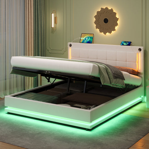 Beige HOMCOM 4ft6 double LED hydraulic bed with tufted headboard, charging station, USB and Type-C ports, soft velvet finish.