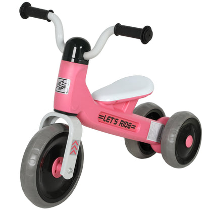 Pink toddler balance bike with no pedals, 3 silent wheels, for ages 12-36 months, suitable for indoor and outdoor use by boys and girls.