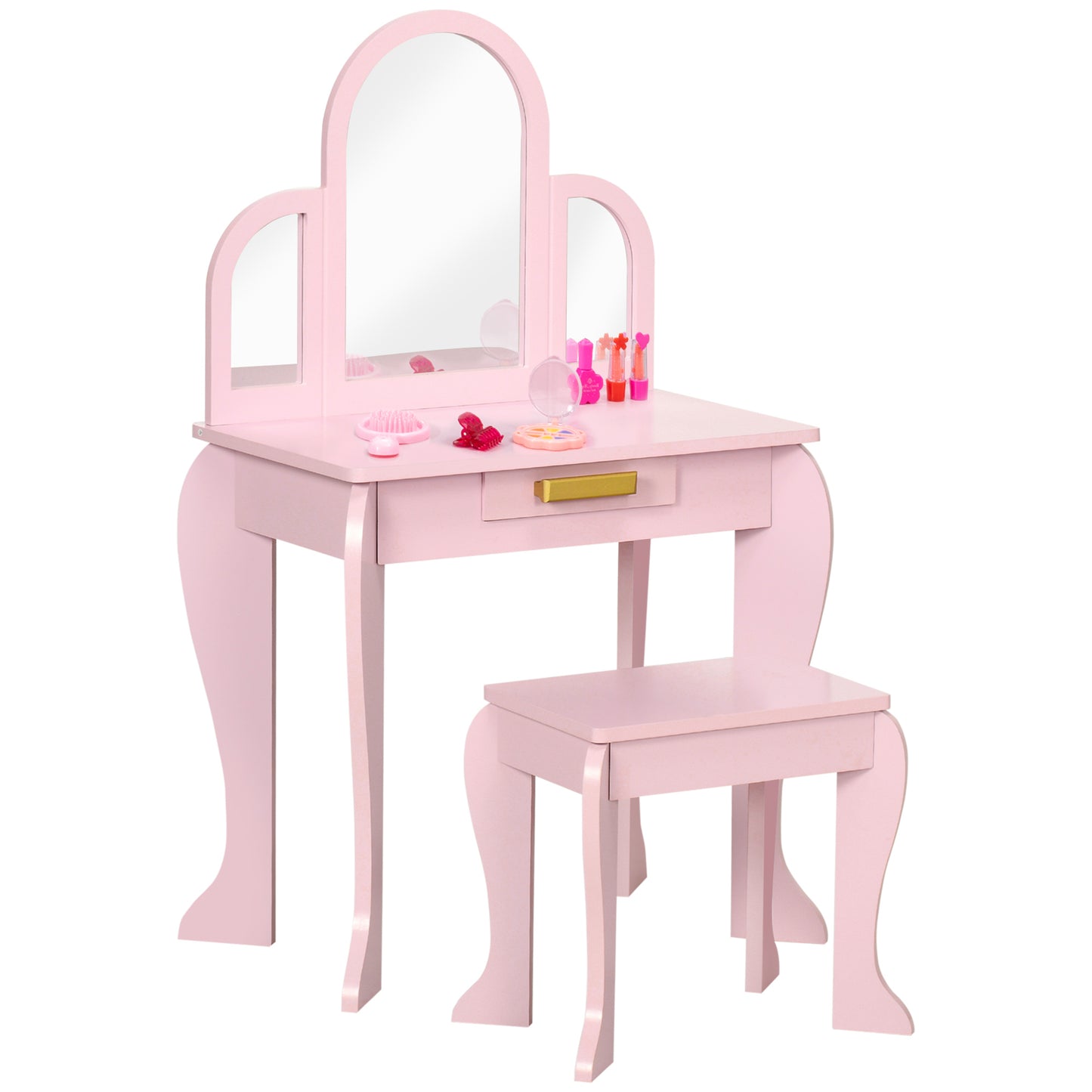 Pink kids dressing table set with mirror and drawer from HOMCOM, featuring a child-sized vanity with storage and a reflective surface.
