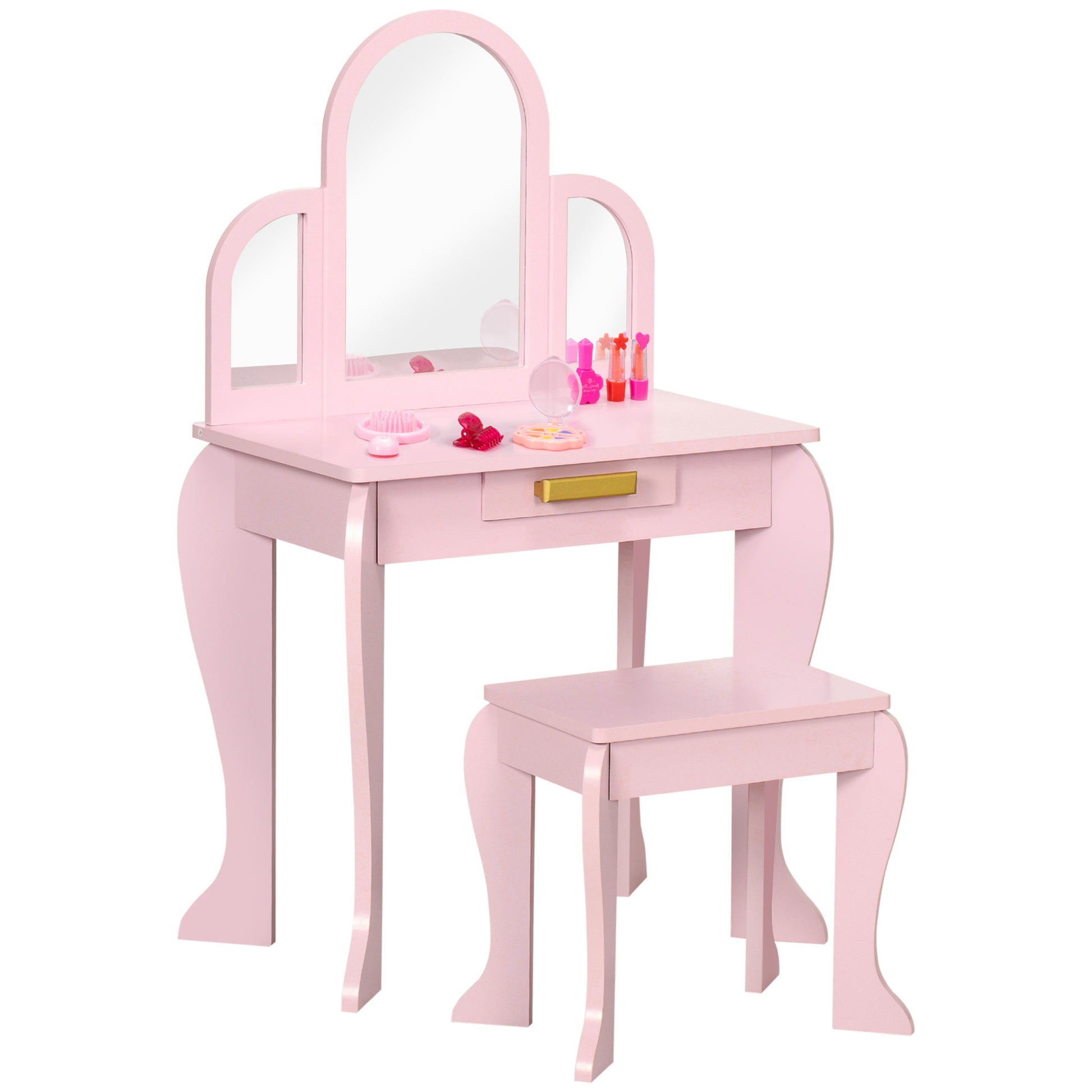 Pink kids dressing table set with mirror and drawer from HOMCOM, featuring a child-sized vanity with storage and a reflective surface.