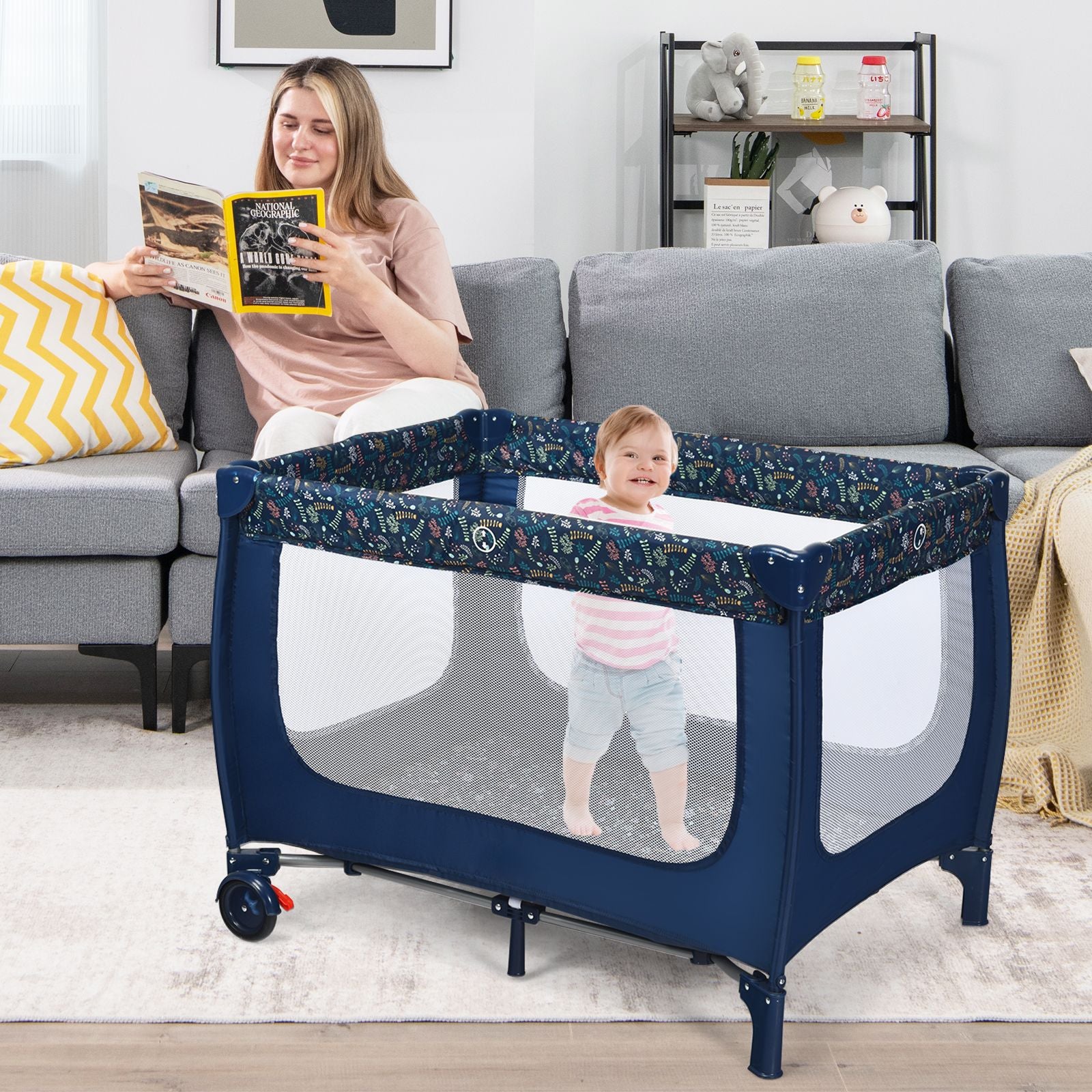 Livoshop 2-in-1 foldable baby playpen with lockable wheels and soft mattress for safe, versatile infant play area