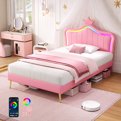 HOMCOM 3ft single upholstered bed with LED crown-shaped headboard, PU leather frame, solid wood slats, easy to assemble, no box spring