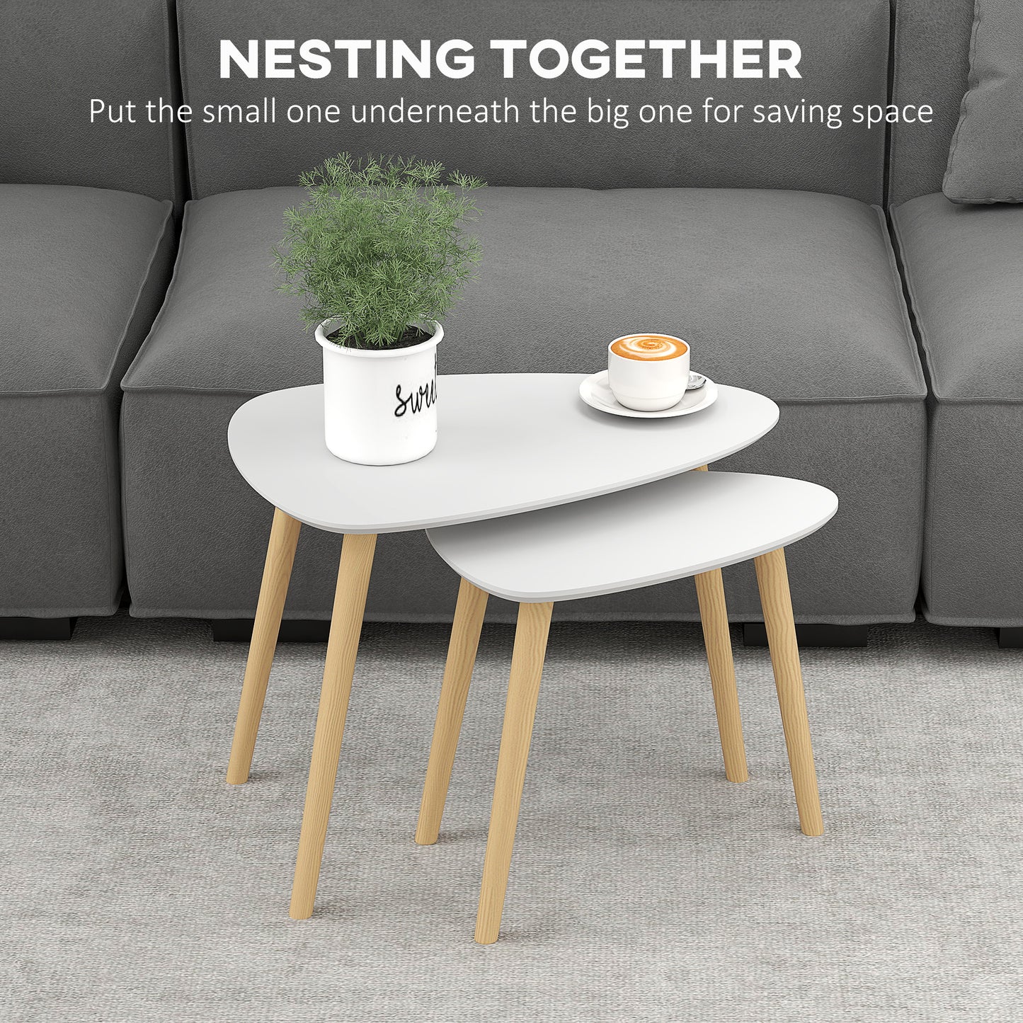 Nestling coffee tables set of 2 by HOMCOM with solid wood legs, light grey finish, ideal for living rooms and bedrooms.