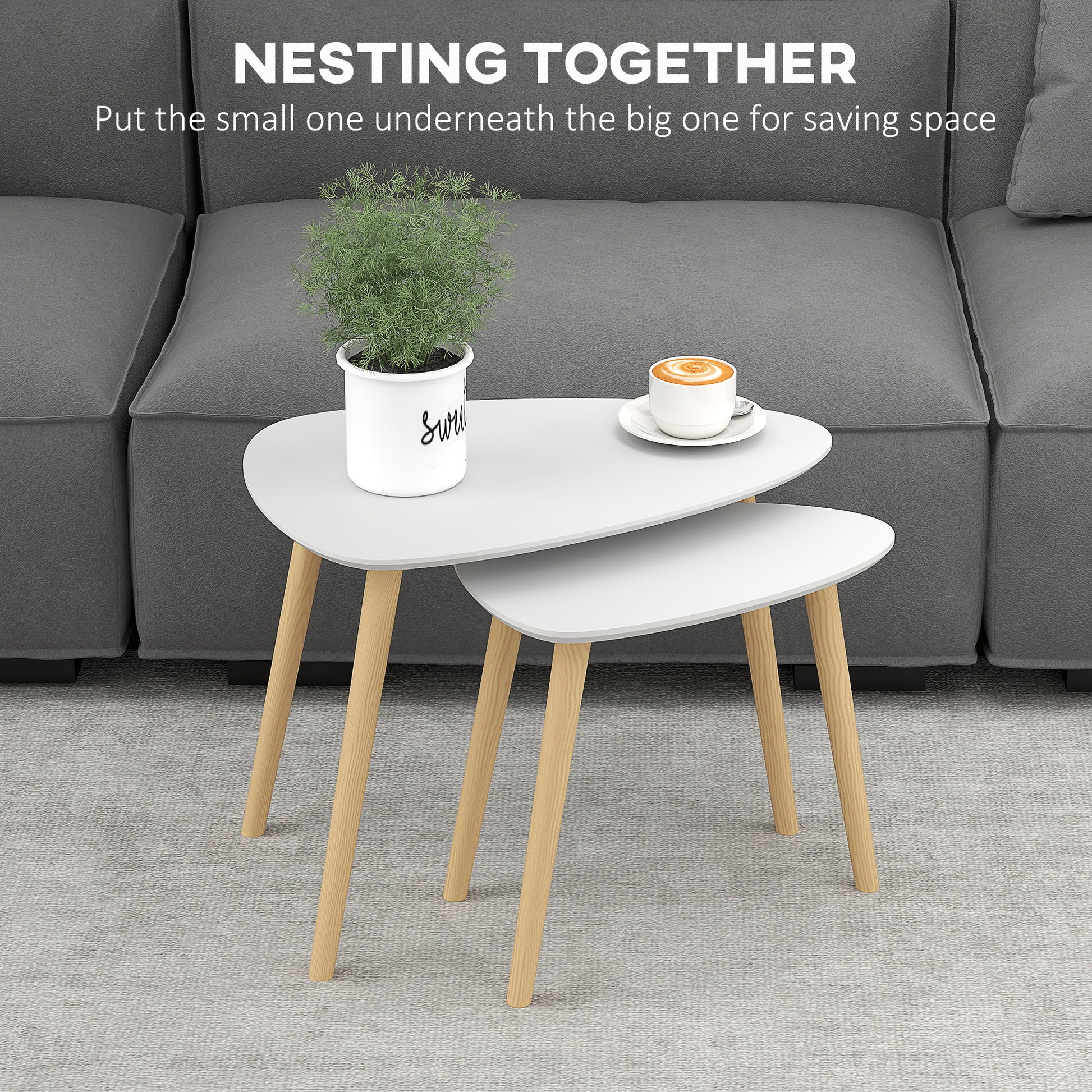Nestling coffee tables set of 2 by HOMCOM with solid wood legs, light grey finish, ideal for living rooms and bedrooms.