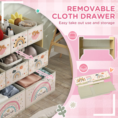 HOMCOM 3-tier kids storage unit with nine yellow fabric boxes for toys and books in a bedroom or nursery setting.