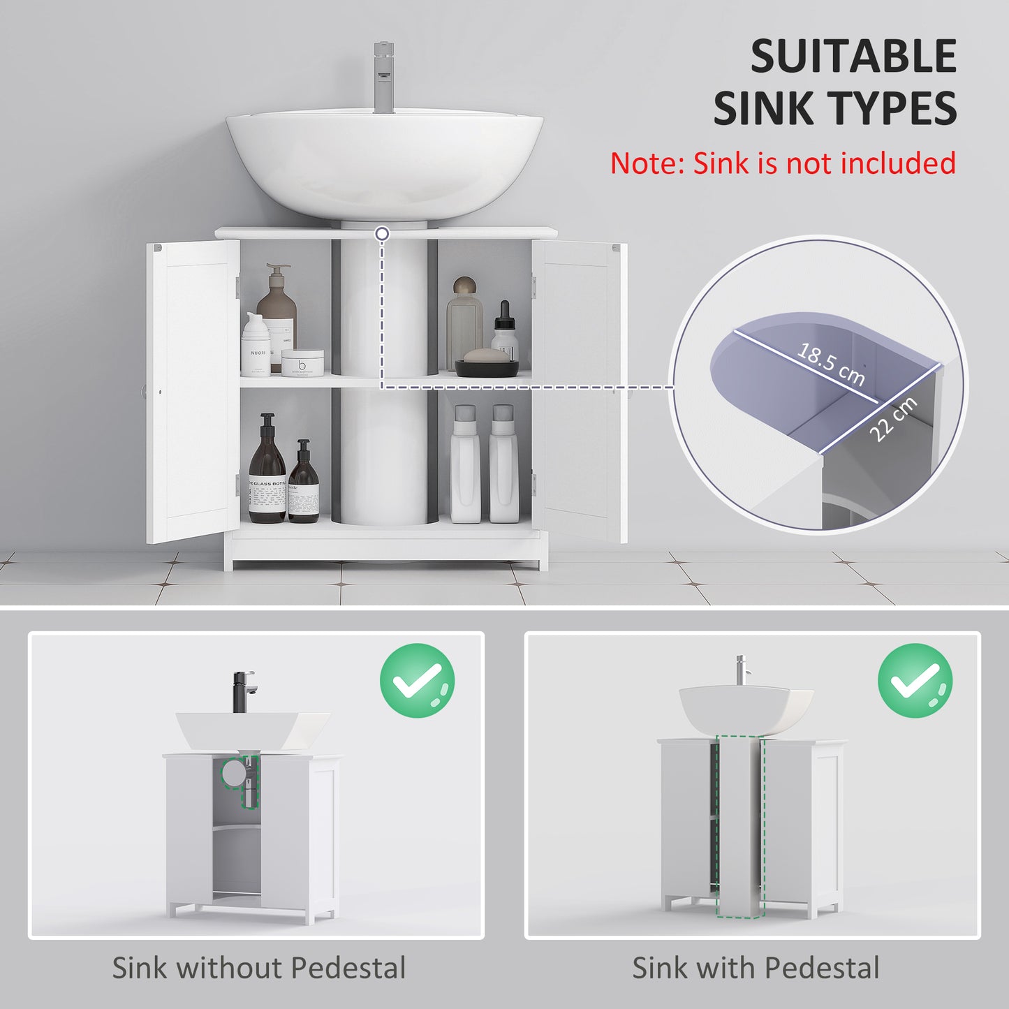 White HOMCOM Kleankin under-sink bathroom cabinet with two doors, adjustable shelf, suitable for basin with or without pedestal