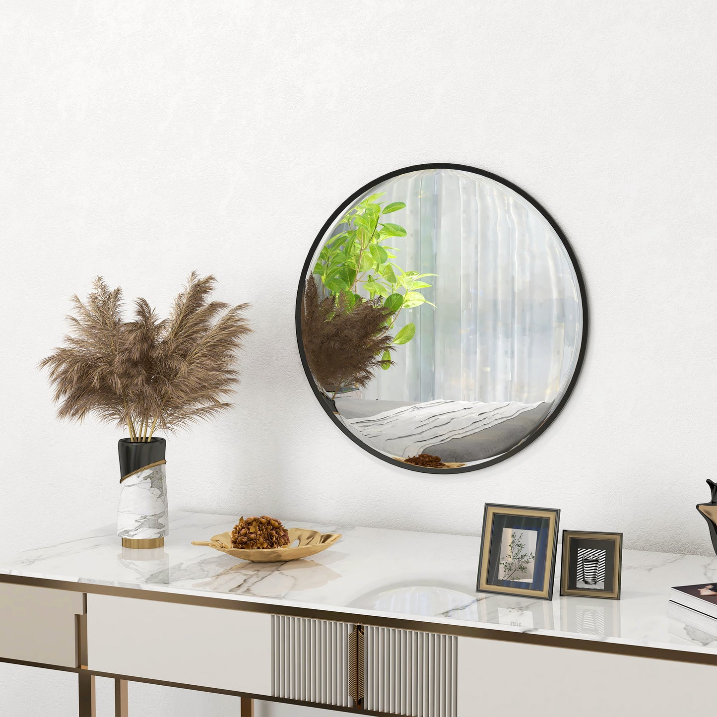 Modern 61cm black round wall mirror by HOMCOM, ideal for bedroom, living room, or bathroom decor, with sleek contemporary design.
