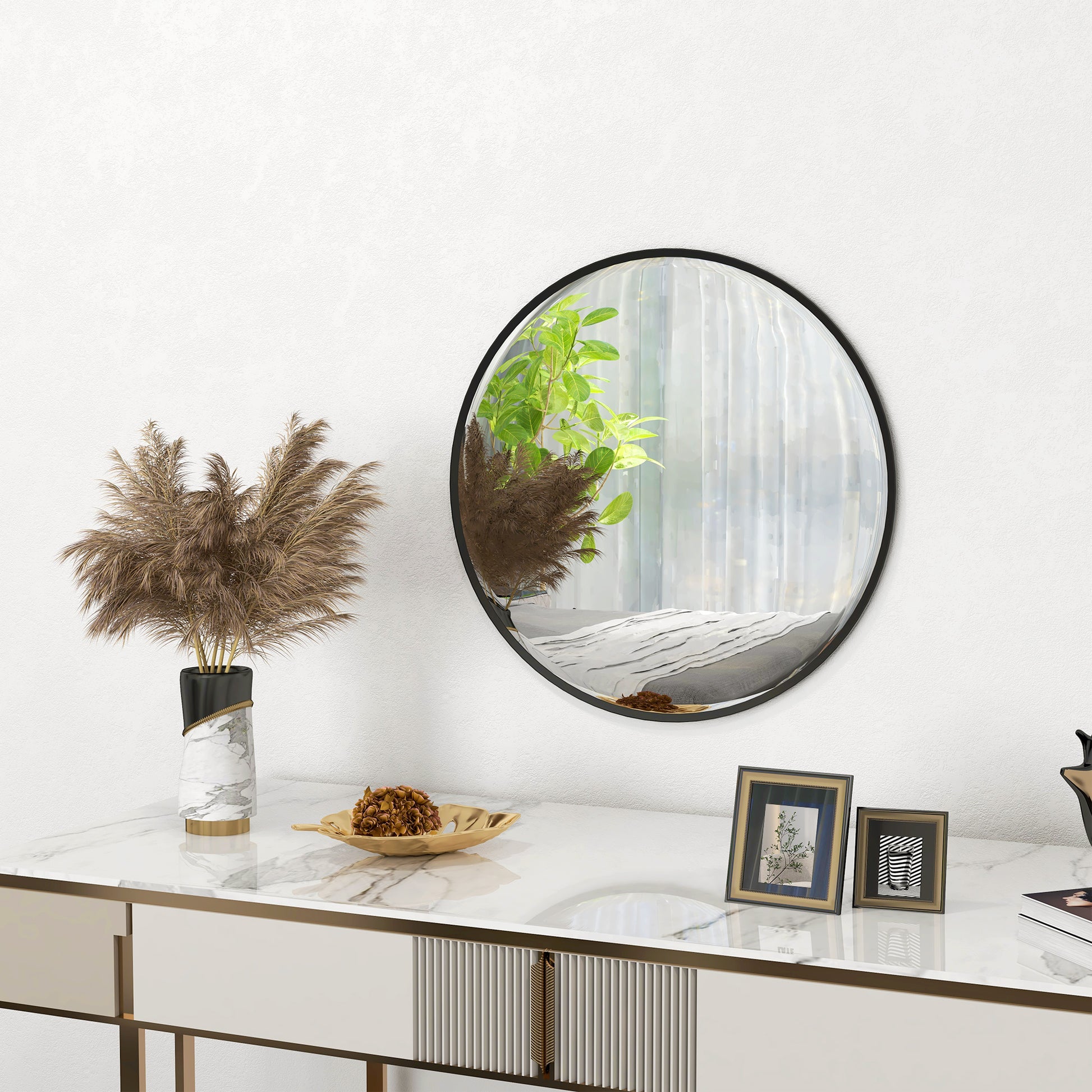 Modern 61cm black round wall mirror by HOMCOM, ideal for bedroom, living room, or bathroom decor, with sleek contemporary design.