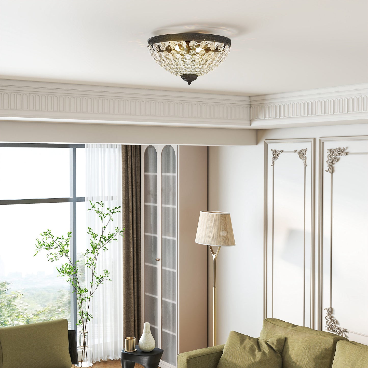 HOMCOM vintage black crystal chandelier ceiling light with 168 octagonal beads, 2-light flush mount for living room or bedroom.
