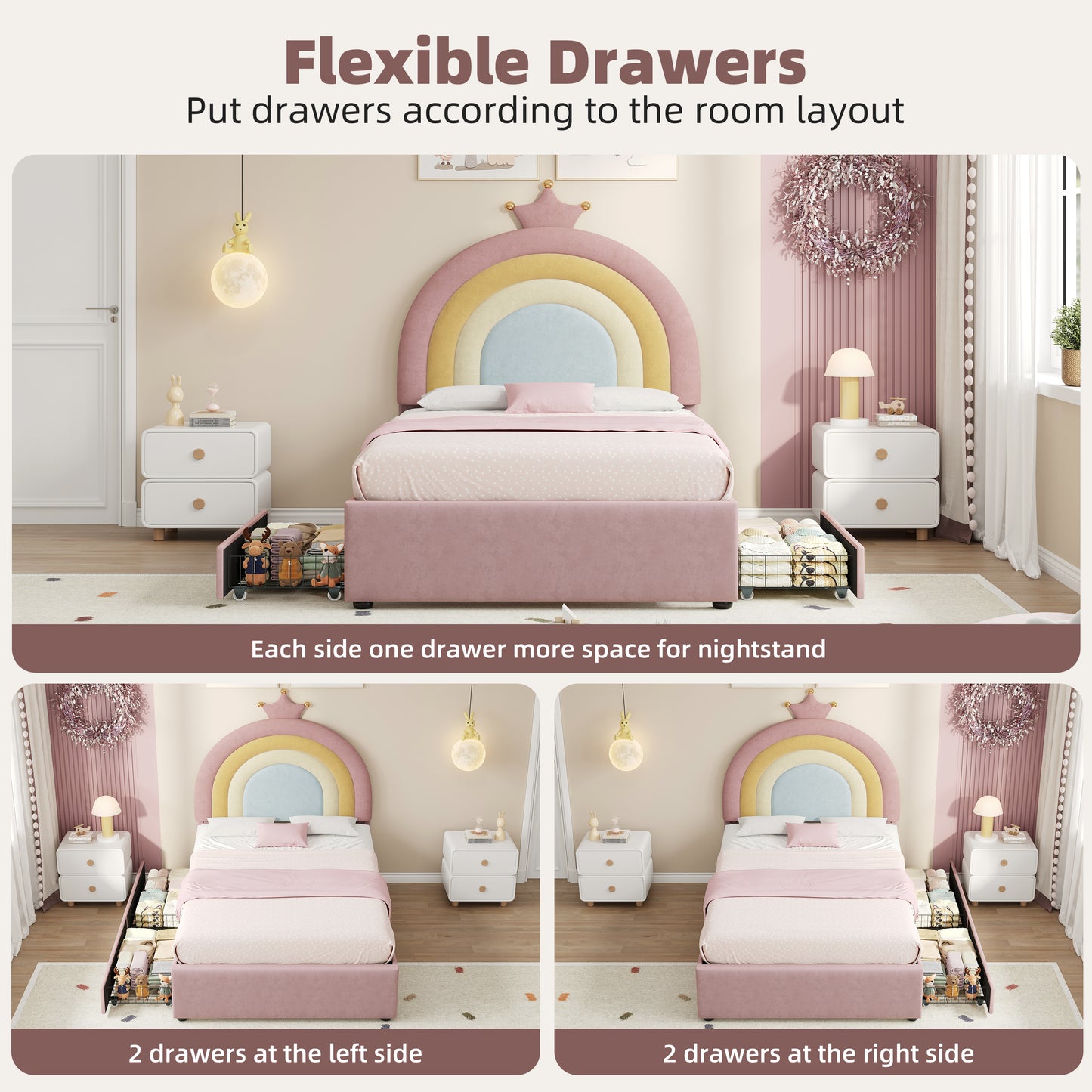 HOMCOM 3ft single velvet bed with rainbow crown upholstered headboard, flexible storage drawers, no box spring or mattress included.