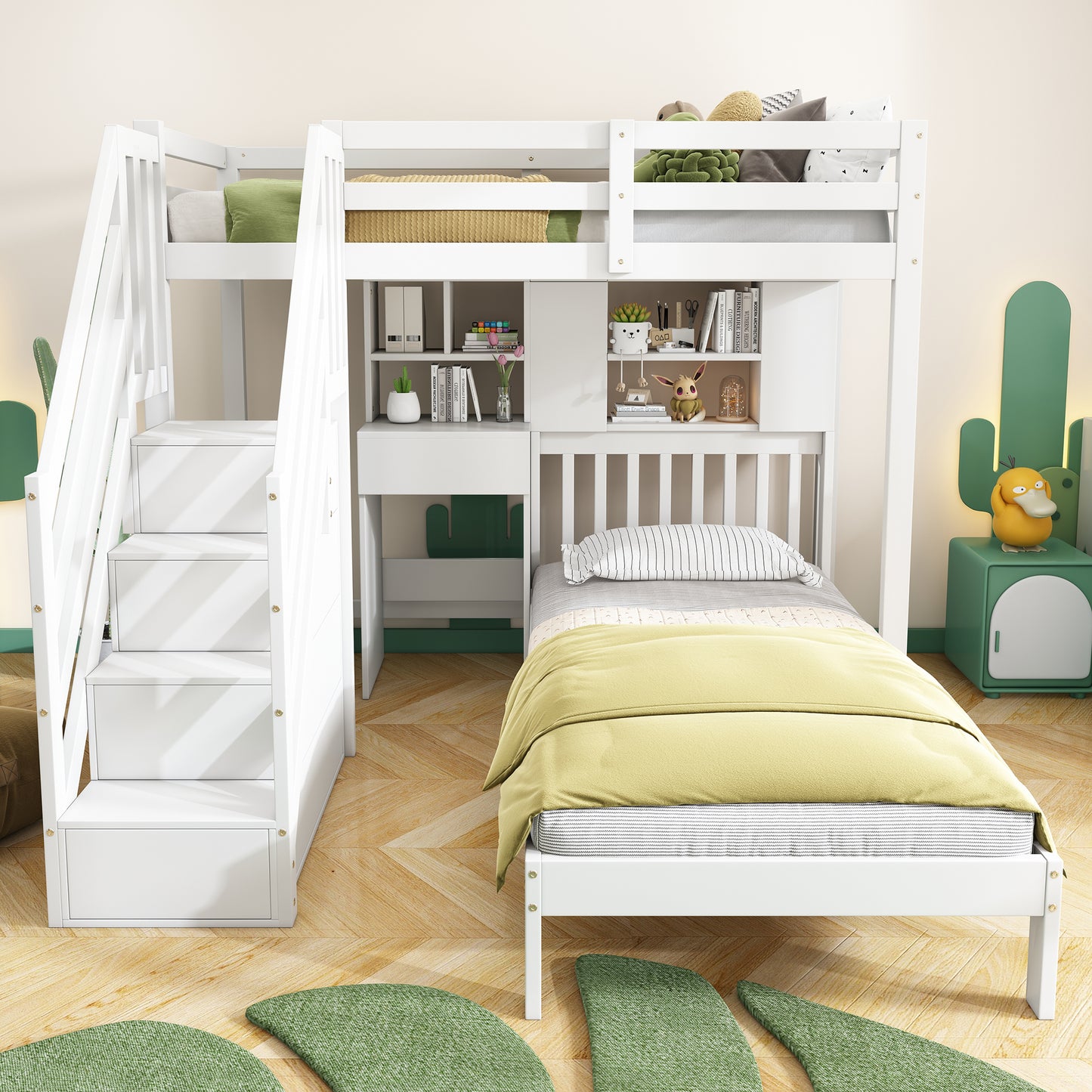 White HOMCOM Wood House Bunk Bed with desk, shelves, storage, and slatted frame, measuring 90x190 cm, designed for children.