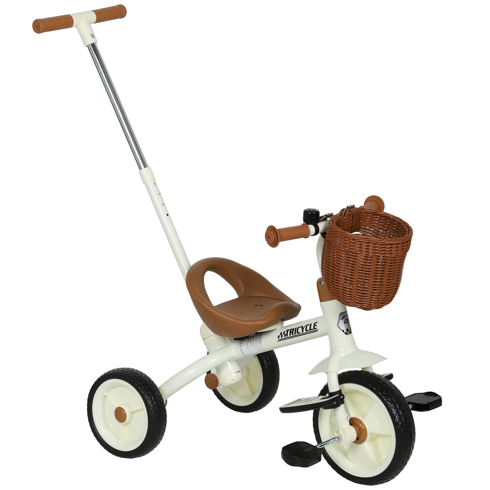 White HOMCOM 2-in-1 toddler trike with three wheels, adjustable handle, and basket for boys and girls, suitable for ages 2-5.
