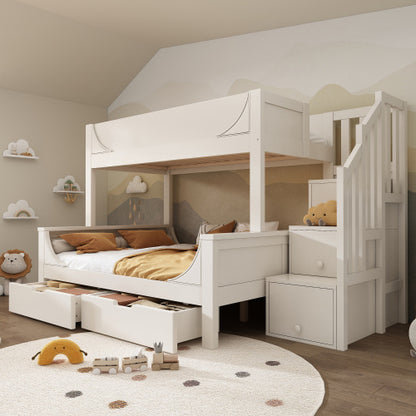 Kids Bunk Bed with Staircase Drawers & Storage – Solid Wood White Frame