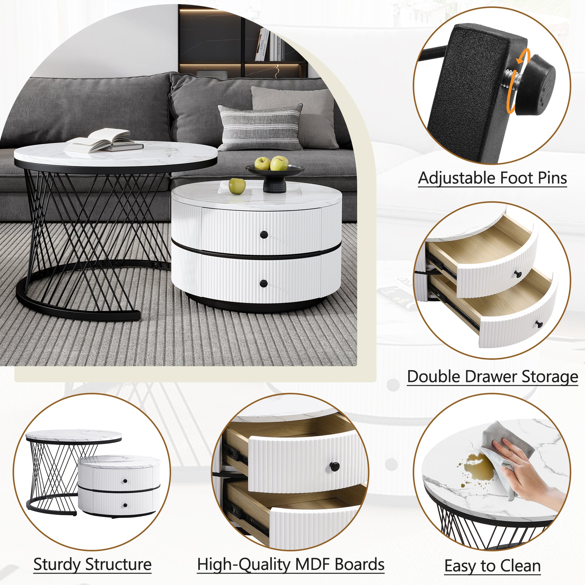 Set of two HOMCOM high gloss round nesting coffee tables with marble tops, white finish, gold accents, and storage drawers for living room
