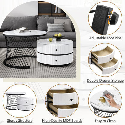 Set of two HOMCOM high gloss round nesting coffee tables with marble tops, white finish, gold accents, and storage drawers for living room