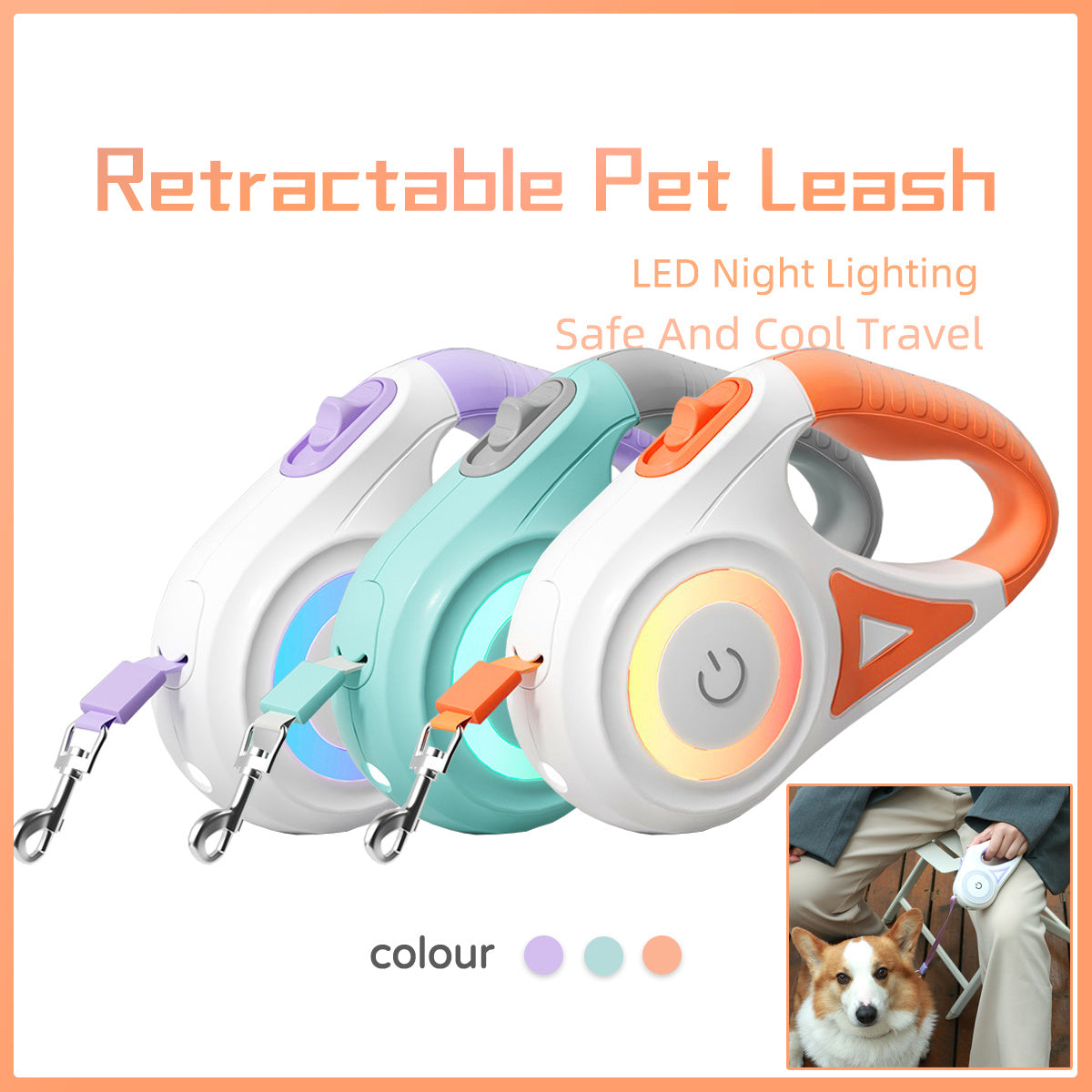 Retractable Dog Leash with LED Spotlight – Pet Collar Traction Rope for Small & Medium Dogs