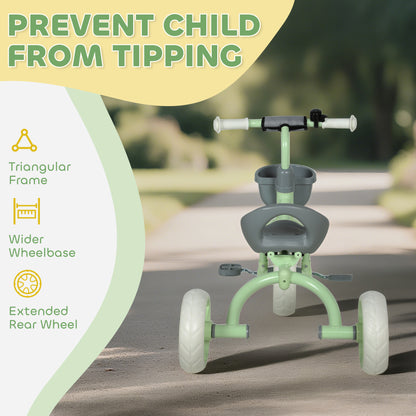 Green HOMCOM kids trike with front basket, EVA wheels, suitable for ages 2-5, designed for indoor and outdoor play for boys and girls.