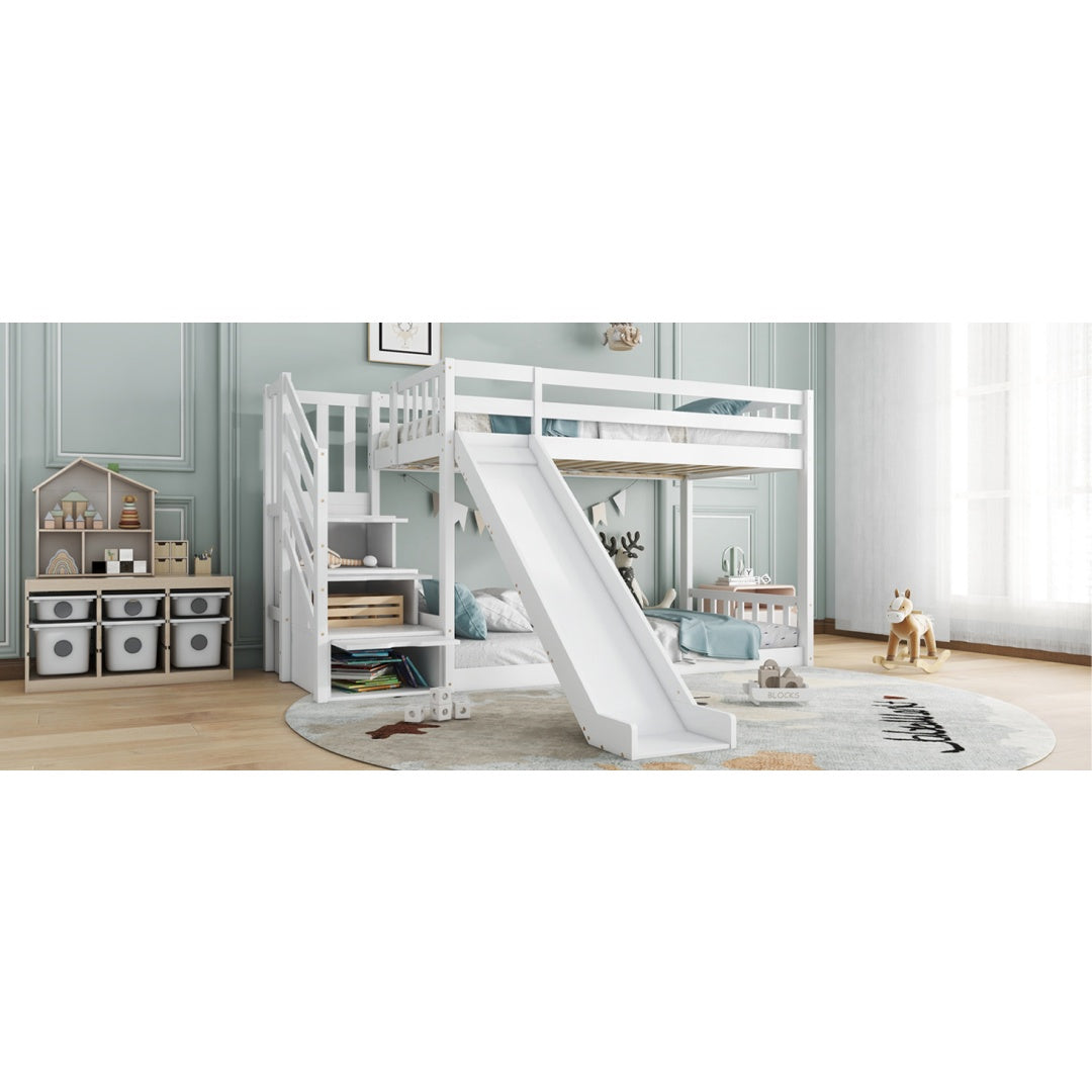 White solid pine bunk bed with stairs and slide for children, includes storage stairs, measures 90x190cm, by HOMCOM.