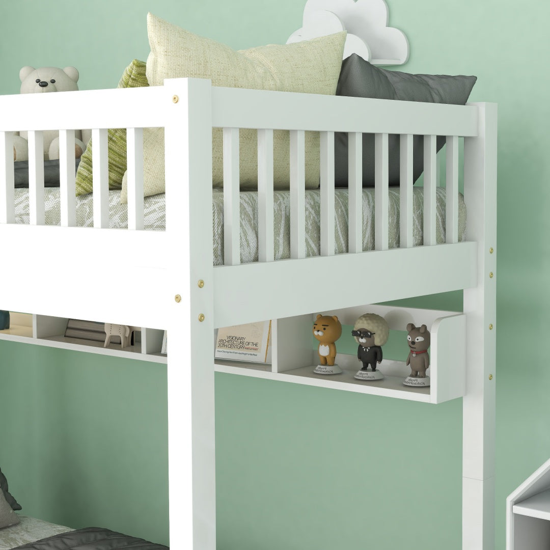 White HOMCOM kids bunk bed with solid pine wood frame, under-bed slide drawer storage, and built-in shelf, 90x190cm.
