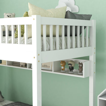White HOMCOM kids bunk bed with solid pine wood frame, under-bed slide drawer storage, and built-in shelf, 90x190cm.