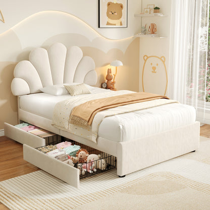 HOMCOM 3ft beige velvet upholstered single bed with adjustable petal headboard, solid wood slats, two storage drawers, easy to assemble