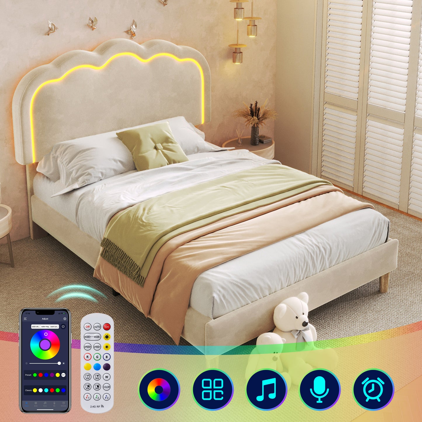Beige upholstered single bed with LED lighting, wooden slats, adjustable headboard, velvet fabric, ideal for bedroom or guest room.