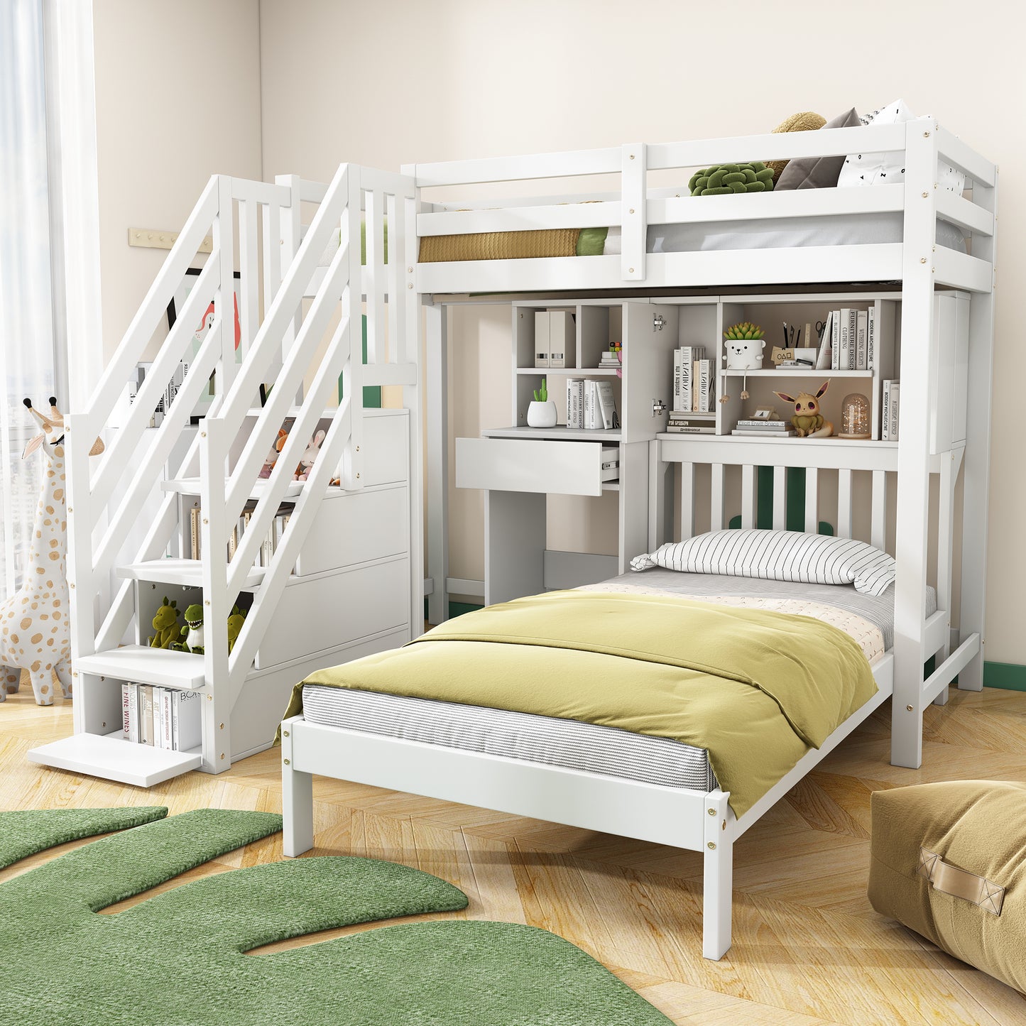White HOMCOM Wood House Bunk Bed with desk, shelves, storage, and slatted frame, designed for children, 90x190 cm size.
