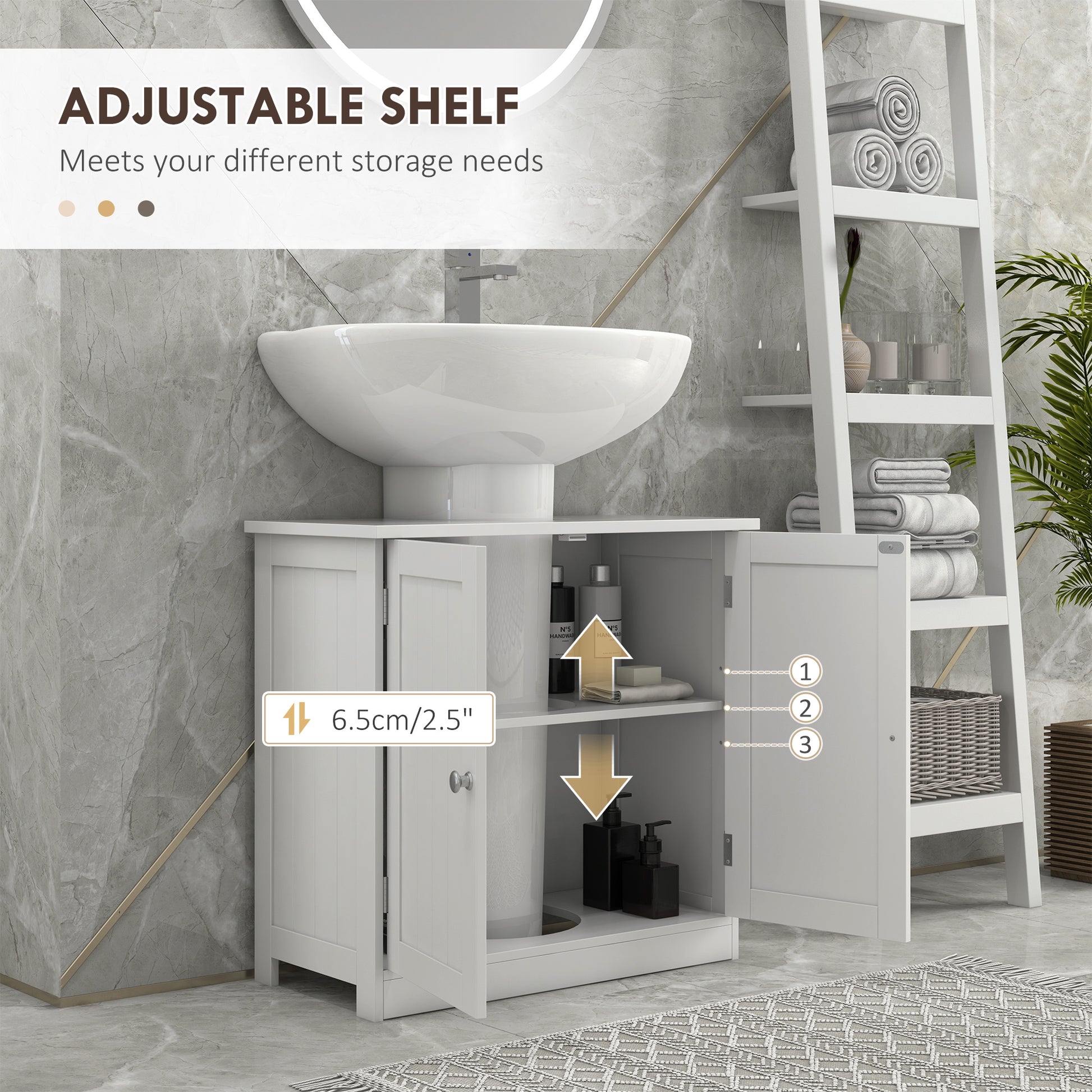 White wooden under sink bathroom storage cabinet with two layers, ideal for organizing vanity items.