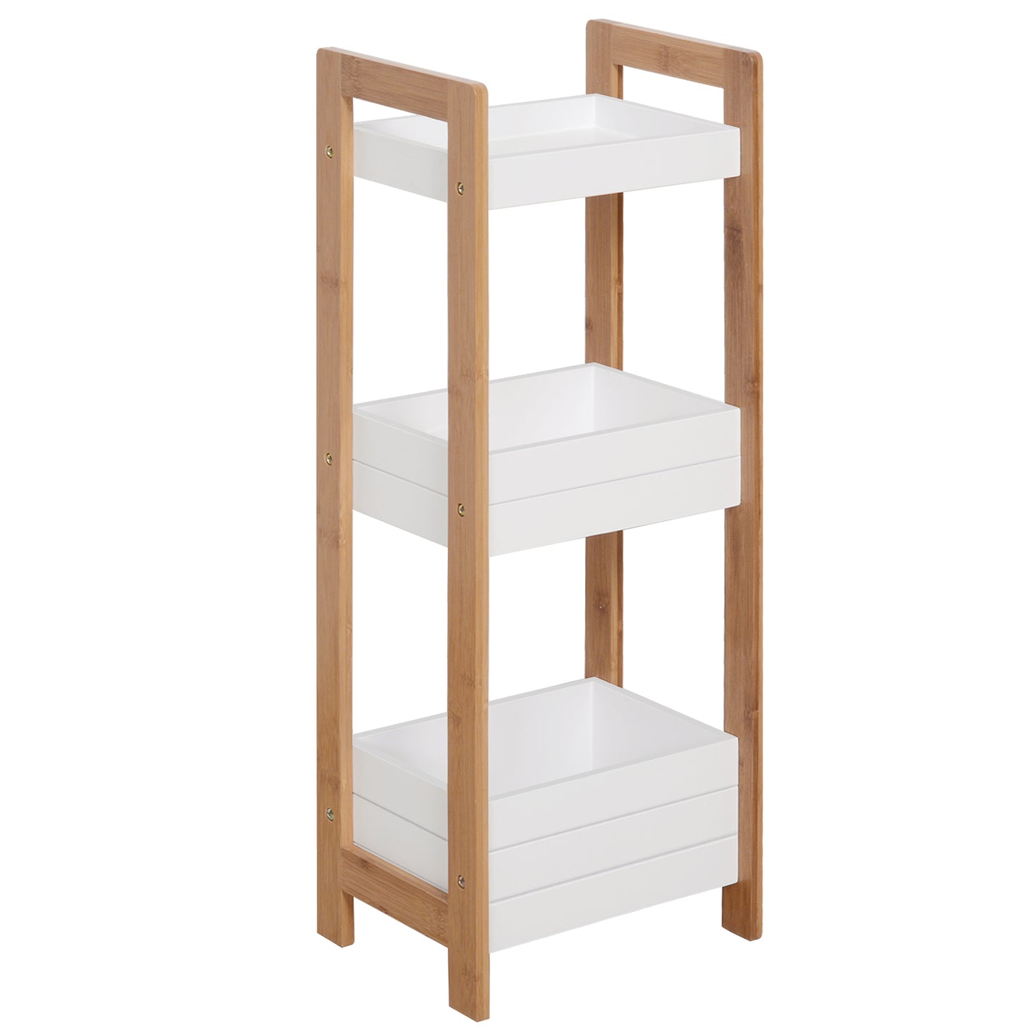 HOMCOM 3-tier bamboo bathroom rack storage shelf, narrow shower tower organizer with multiple tiers for bathroom or shower use.