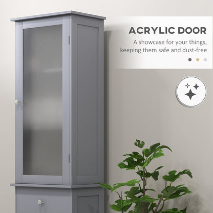 Grey HOMCOM bathroom storage cabinet with 3-tier shelves, drawer, door, and tall slim design for organized floor storage.