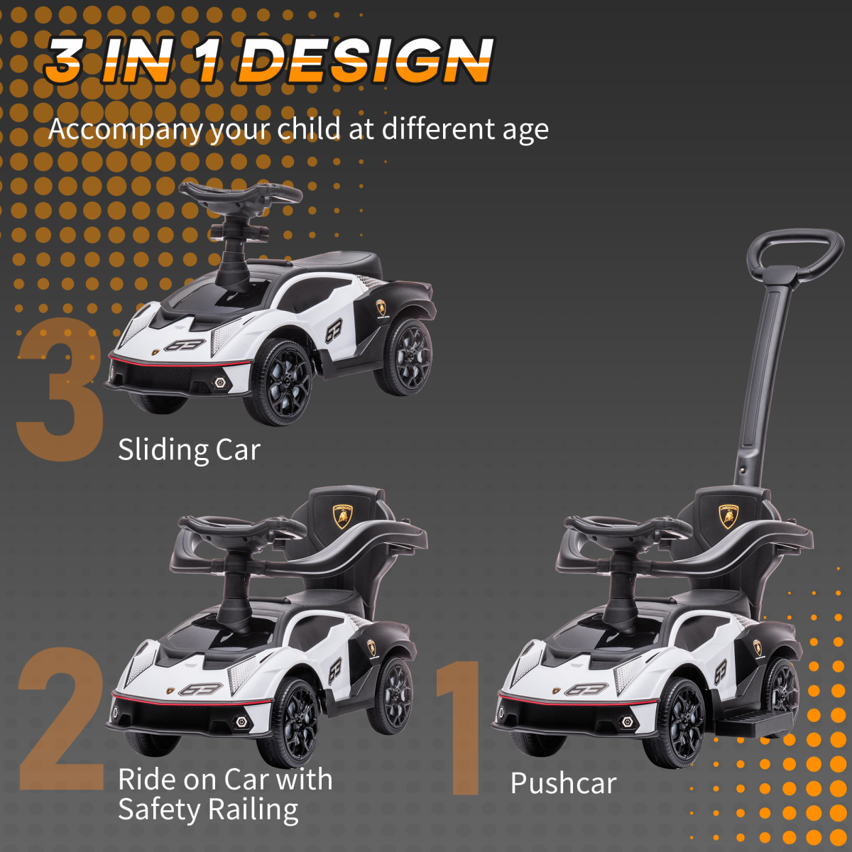 HOMCOM Lamborghini 2-in-1 baby ride-on push car in white, toddler push-along car with steering wheel and safety features.