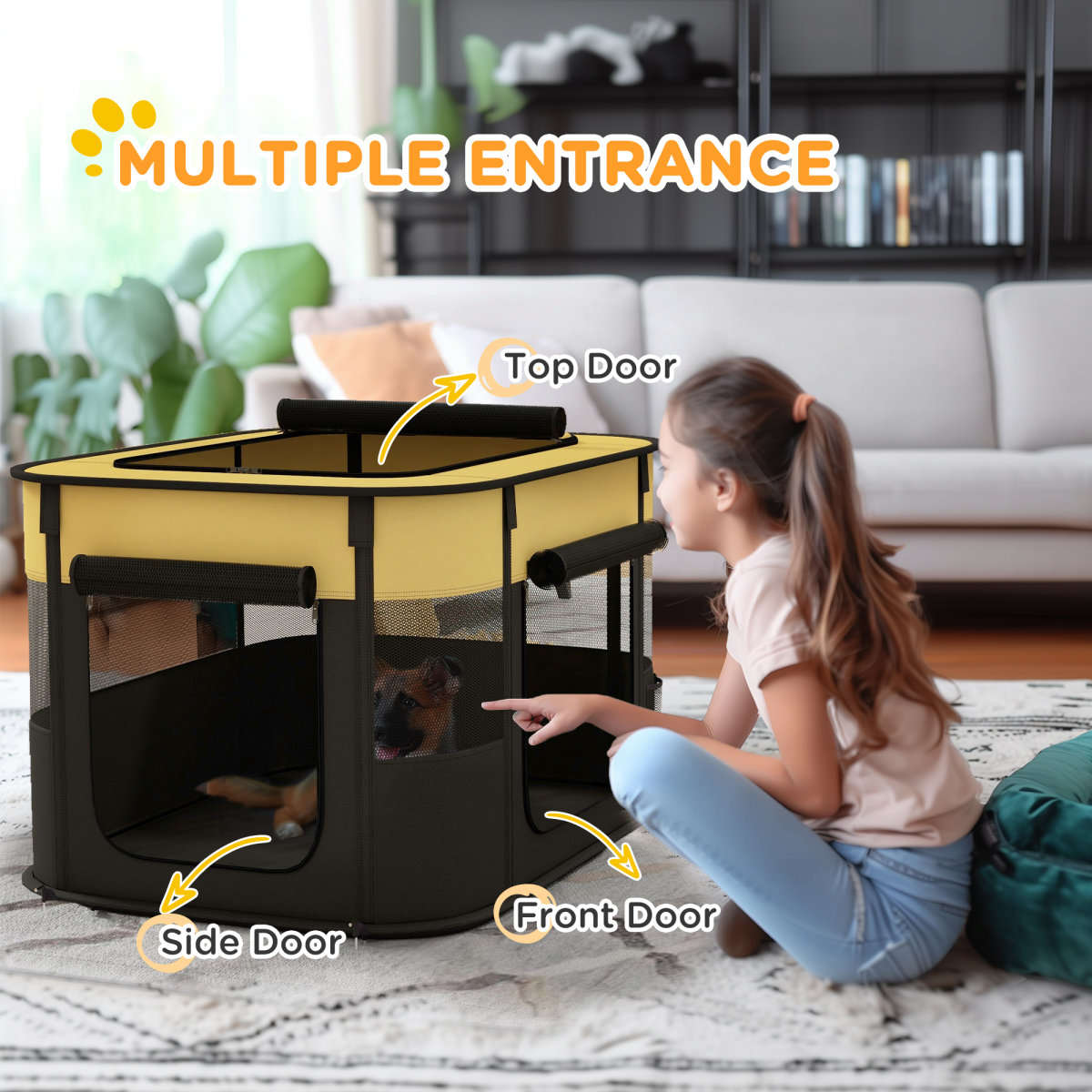 Yellow portable dog pen by PawHut with mesh sides, suitable for puppies, rabbits, kittens, and guinea pigs.