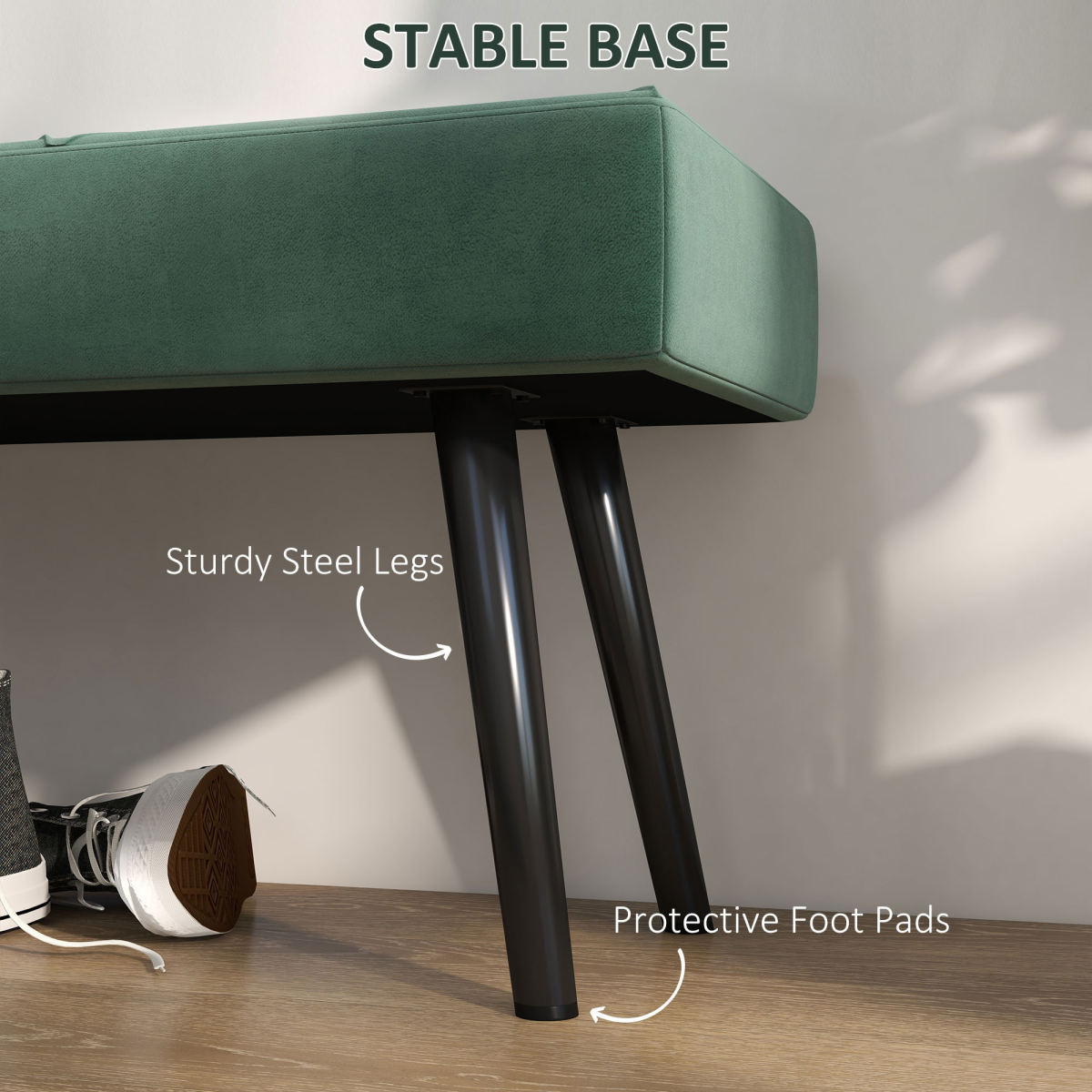 Green upholstered end of bed bench with steel legs, ideal for hallway or bedroom seating by HOMCOM.