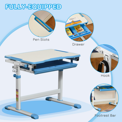 Kids desk and chair set with adjustable tiltable surface, drawer, pen slot, and hook, designed for children’s study space.